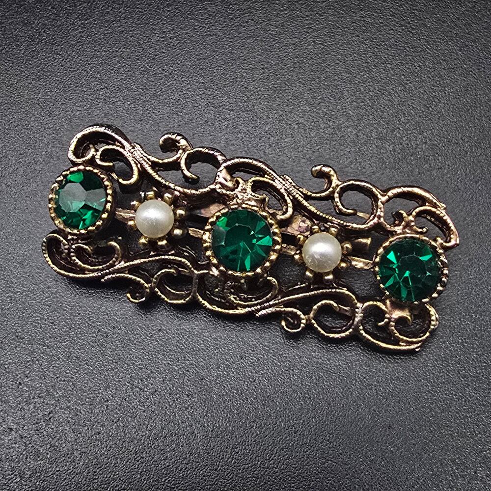 Green Rhinestone Faux Pearl Brooch Rectangle Filigree Vintage Jewelry - Picture 4 of 5